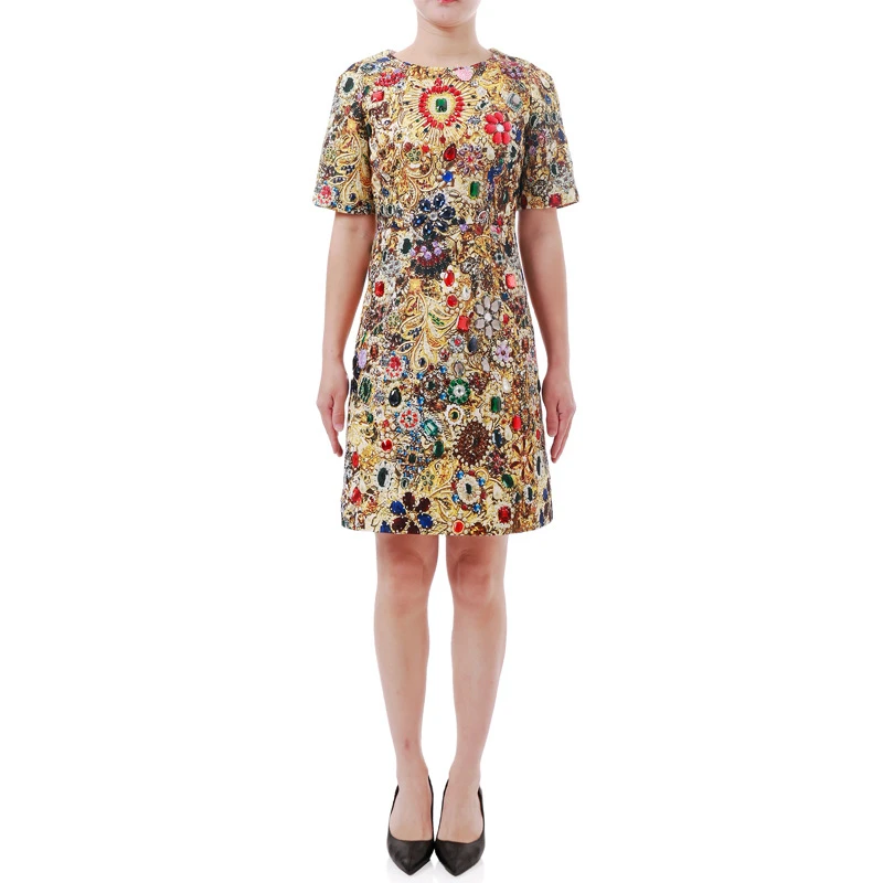 2025夏爆款女装圆领短袖定位印花重工镶钻修身显瘦欧美气质连衣裙