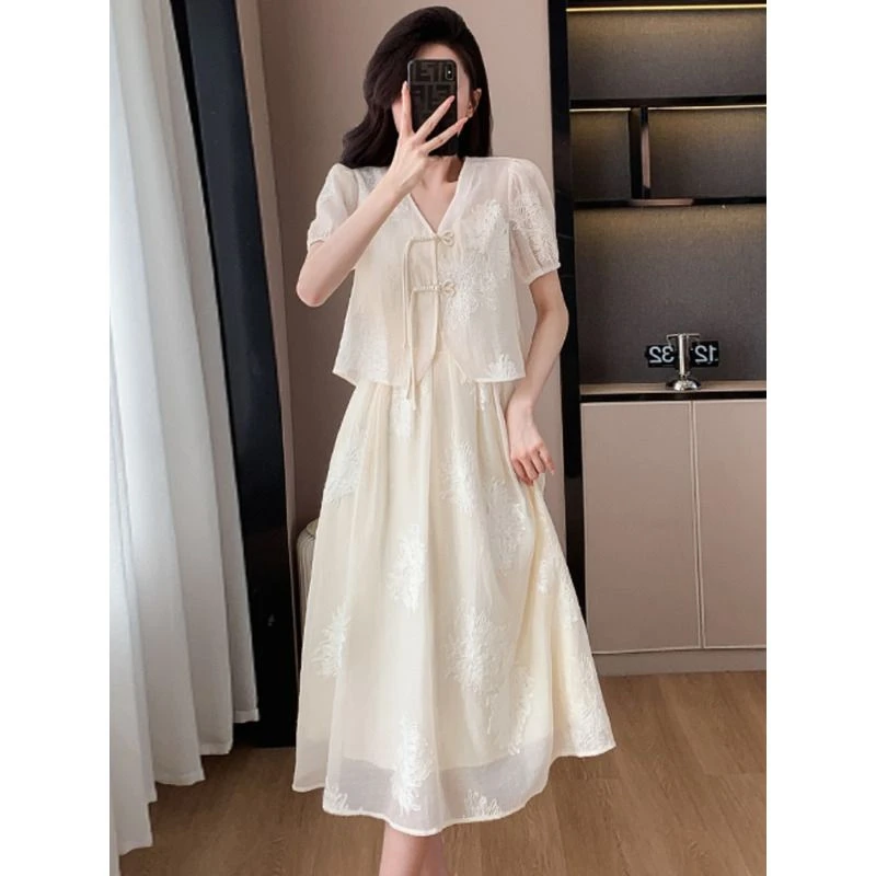 大码女装中式吊带连衣裙套装夏季2025新款国风刺绣盘扣两件套长裙