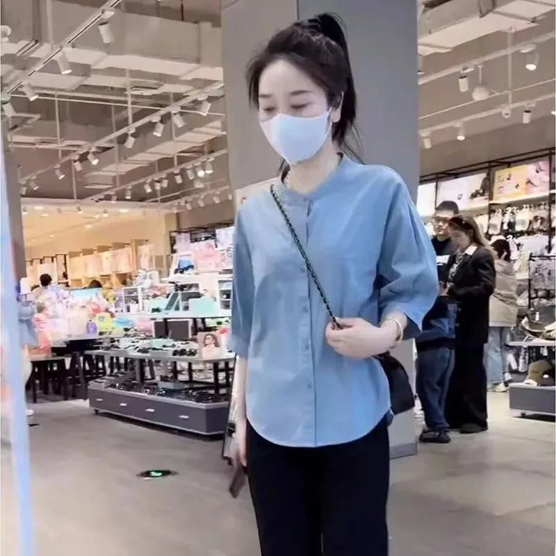 2025夏季休闲新款中袖衬衣洋气减龄宽松显瘦百搭纯色衬衫上衣