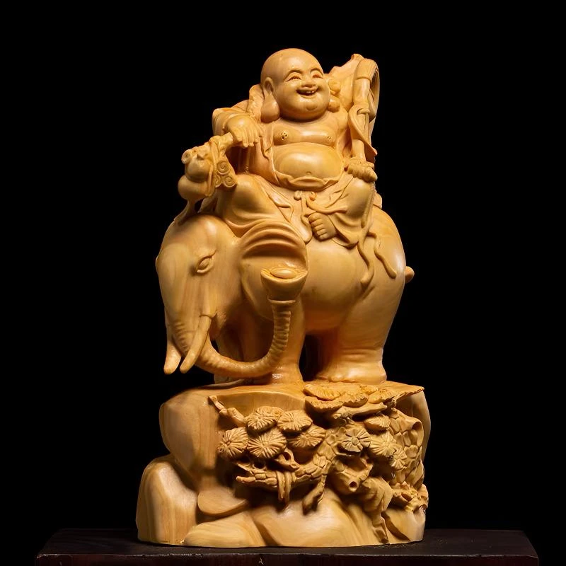 崖柏材质弥勒佛供奉笑佛雕刻工艺品实木佛像骑象大肚弥勒木雕摆件