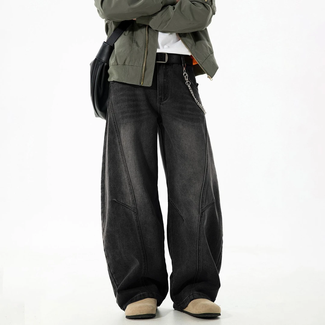 分割结构水洗廓形宽松休闲牛仔裤秋冬季潮牌复古港风直筒长裤子