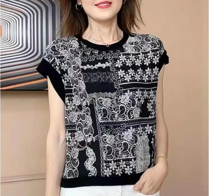 2025女式无袖针织拼接亲肤气质千金风蕾丝t恤夏季