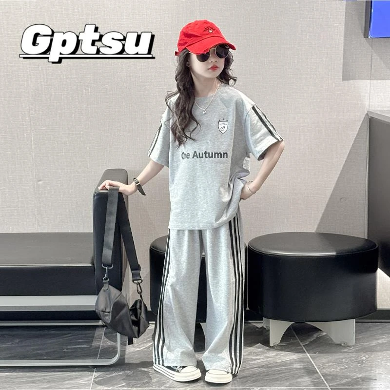 GPTSu女童夏装短袖套装2025新款洋气大童夏季女孩运动薄款两件套