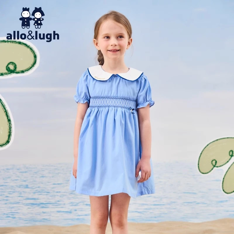 【一起逛公园】阿路和如女童25年夏季娃娃领泡泡袖绣花连衣裙简约