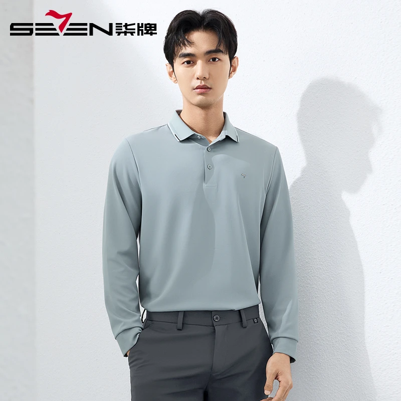 【华夫格】柒牌无缝翻领polo衫男长袖2025春季新款男士商务休闲上衣