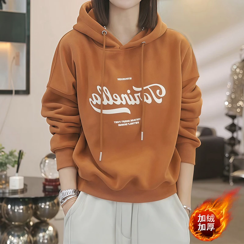 韩系字母连帽加绒加厚卫衣女2025冬季新款宽松显瘦休闲减龄上衣