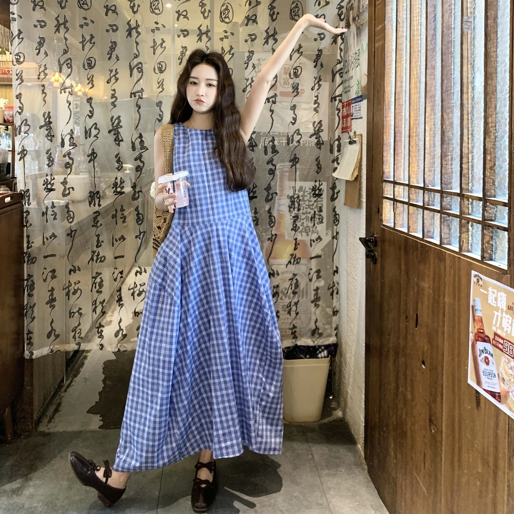 法式设计感格纹无袖连衣裙年夏季新款宽松显瘦减龄休闲长裙女