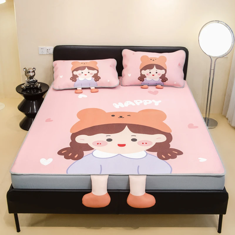 母婴级抗菌冰丝席儿童女孩房间夏季冰丝软凉席床垫三件套卡通床笠