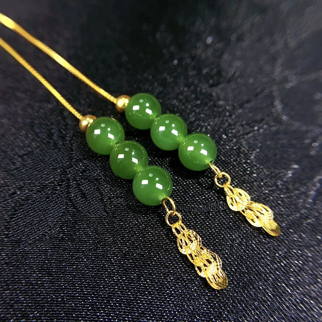 天然和田玉俄料碧玉精品圆珠约6mm耳线925银防过敏凤尾耳饰@0205