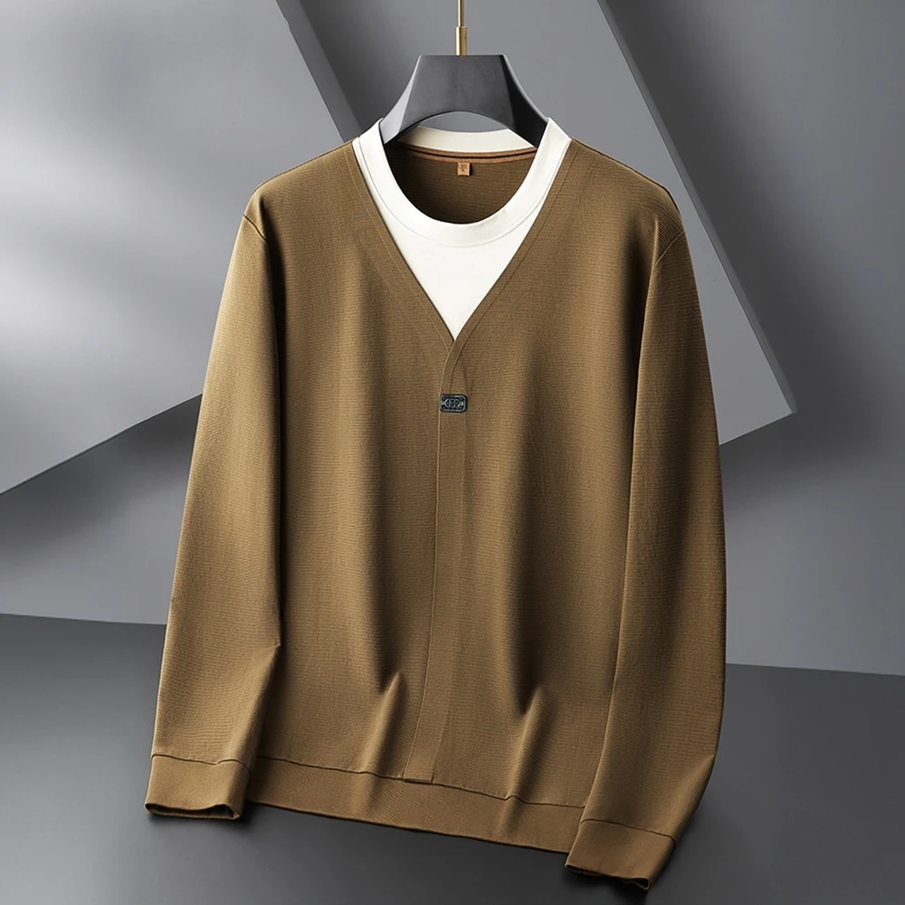 男士假两件圆领长袖T恤秋季宽松大码男士长袖休闲百搭卫衣打底衫