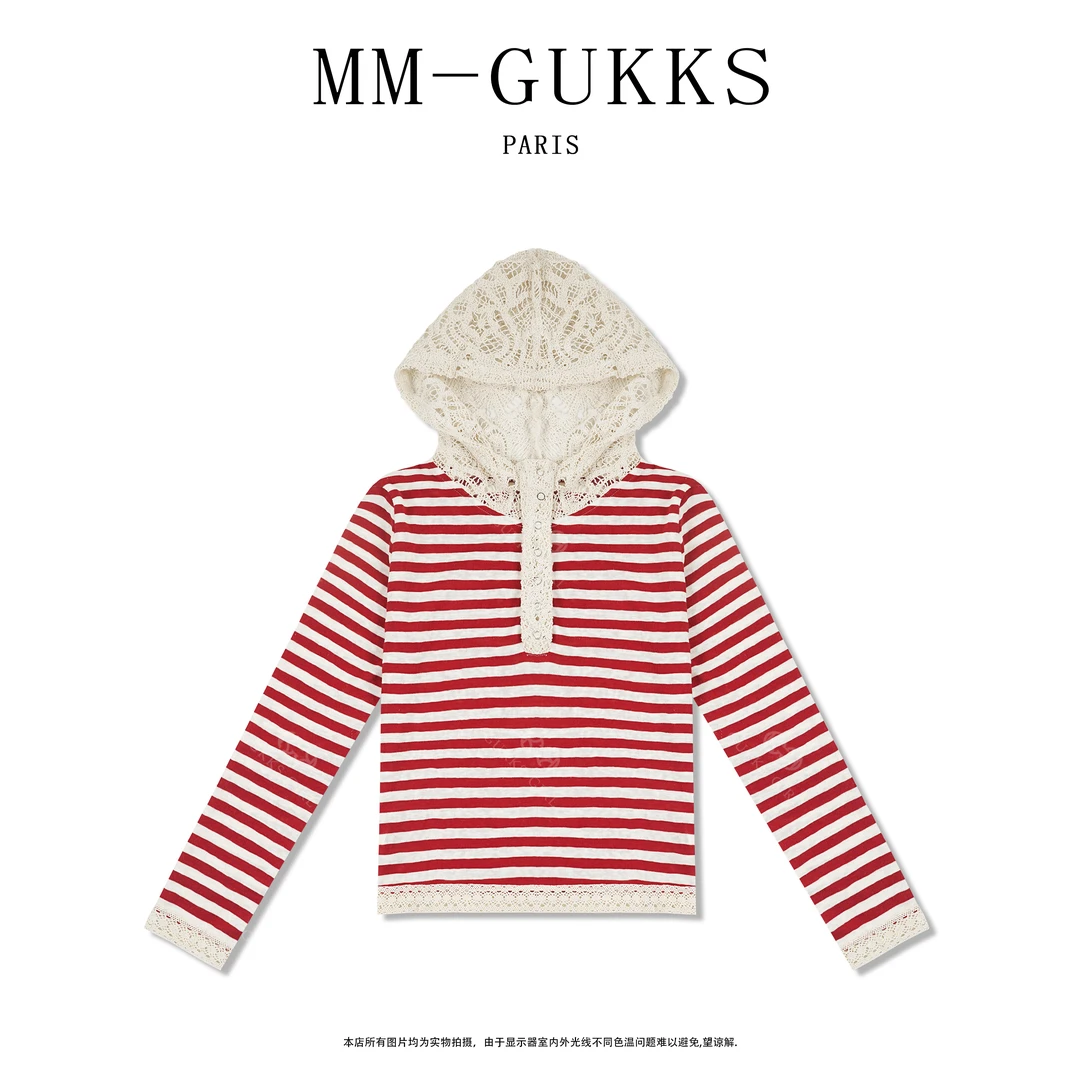 明明GUKKS『蕾丝达人』2025春季高级感条纹蕾丝花边连帽长袖T恤