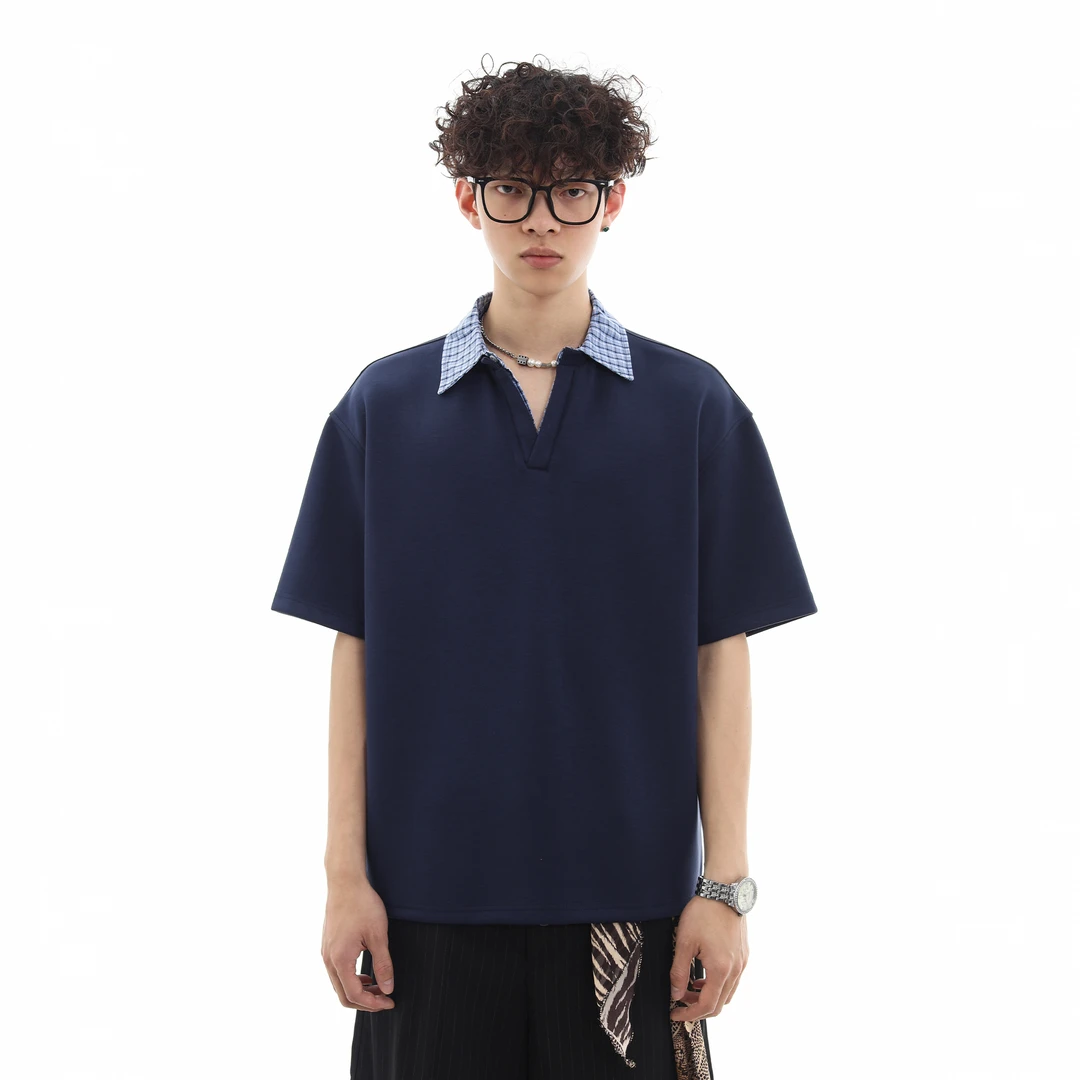 短袖POLO衫复古格子拼接男女夏季cleanfit情侣装翻领短宽版型t恤