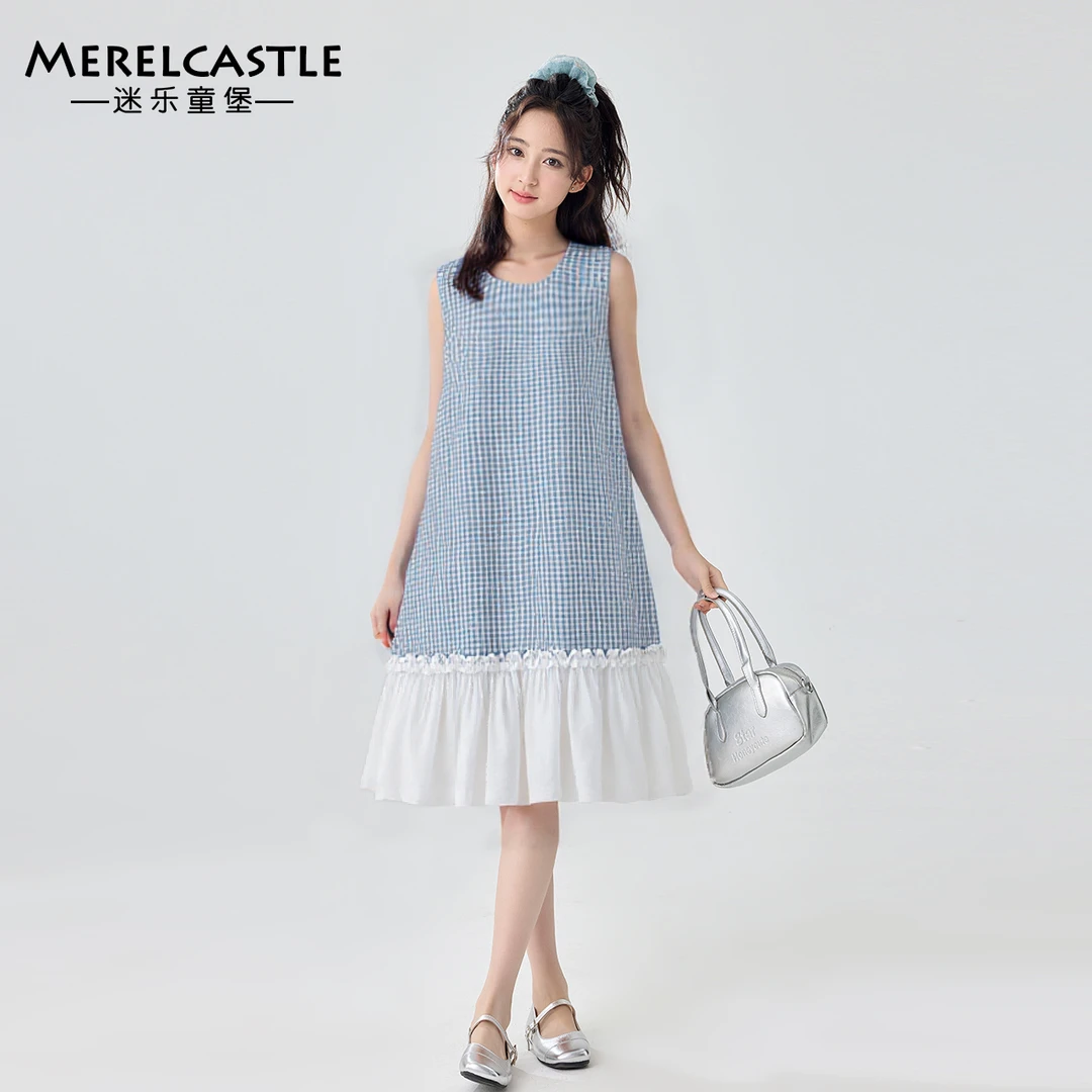 C5566女童2025夏季新款无袖格子拼接连衣裙青少年时尚洋气夏装