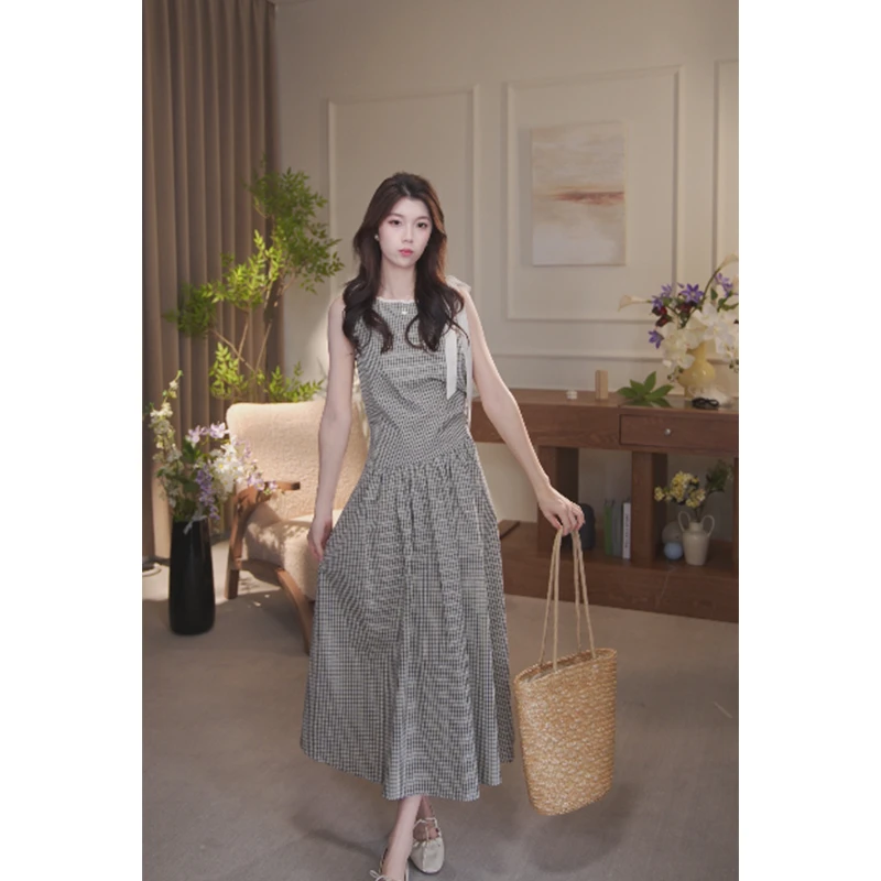 欧阳喜【钢琴舞曲】黑白格子收腰绑带拼接蕾丝连衣裙收腰褶皱长裙