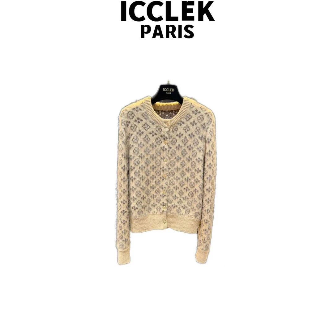 ICCLEK 秋冬新款美拉德色系圆领长袖针织开衫轻奢上衣 - 9304