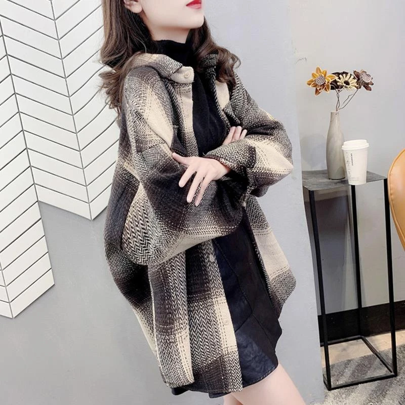 韩版加厚磨毛格子衬衫外套女2025秋冬新款时尚小众中长款宽松衬衣