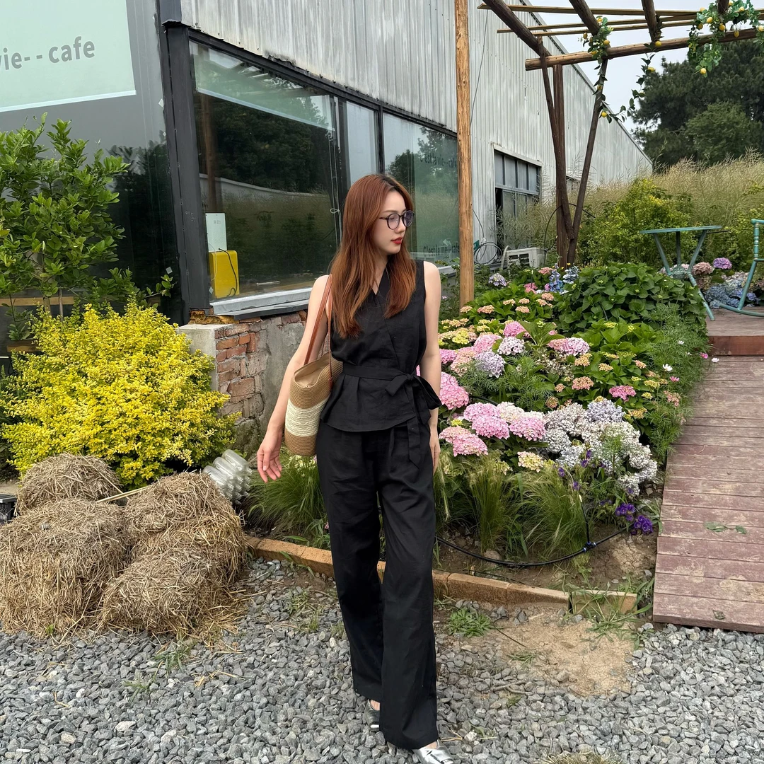 小个子夏季新款时尚气质设计感收腰苎麻时尚套装宽松阔腿裤2819