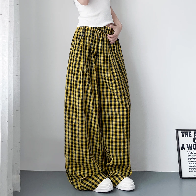 亚麻山本裤女透气大码宽松胖mm显瘦慵懒松弛防晒弯刀格子阔腿裤子
