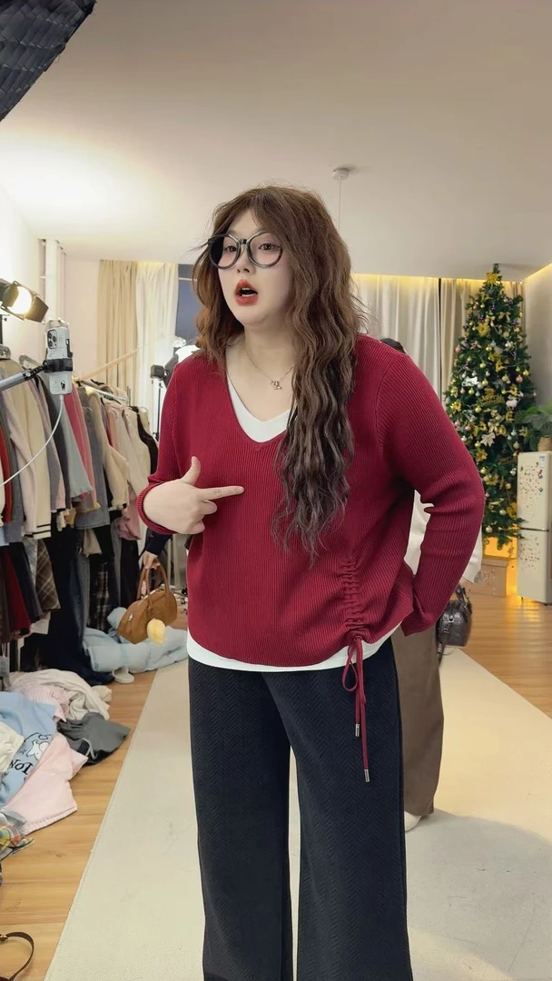 2088#拼接假两件毛针织衫女秋冬新款宽松洋气显瘦长袖上衣