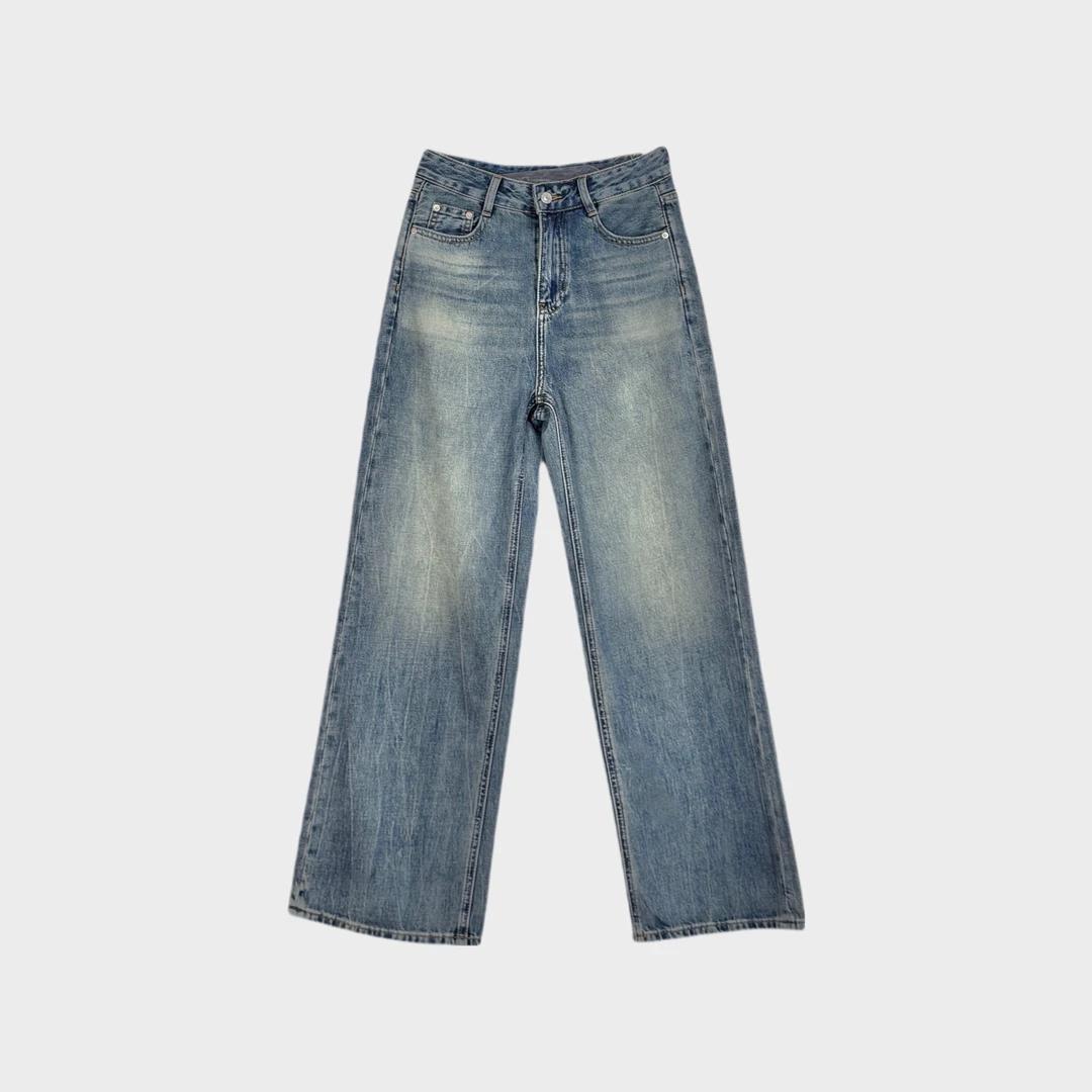 褪色冰川春夏款高腰水洗做旧阔腿牛仔裤