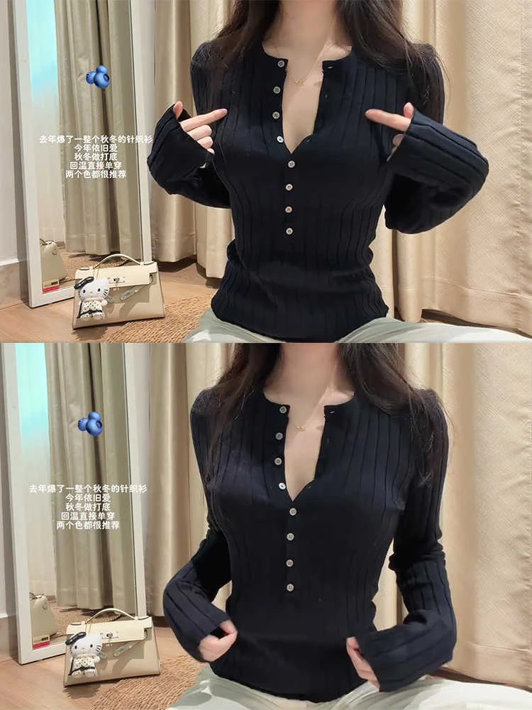 针织亨利打底衫内搭上衣女2025新款藏青色高级感修身内搭长袖毛衣