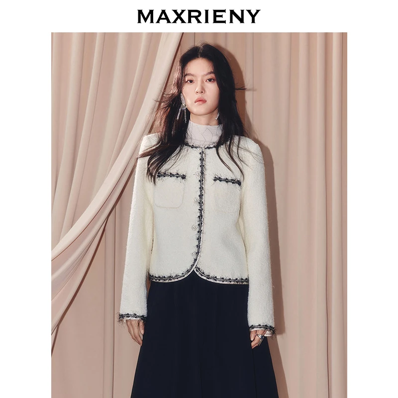 MAXRIENY法式小香风羊毛混纺外套女25冬款撞色织带肌理感通勤穿搭