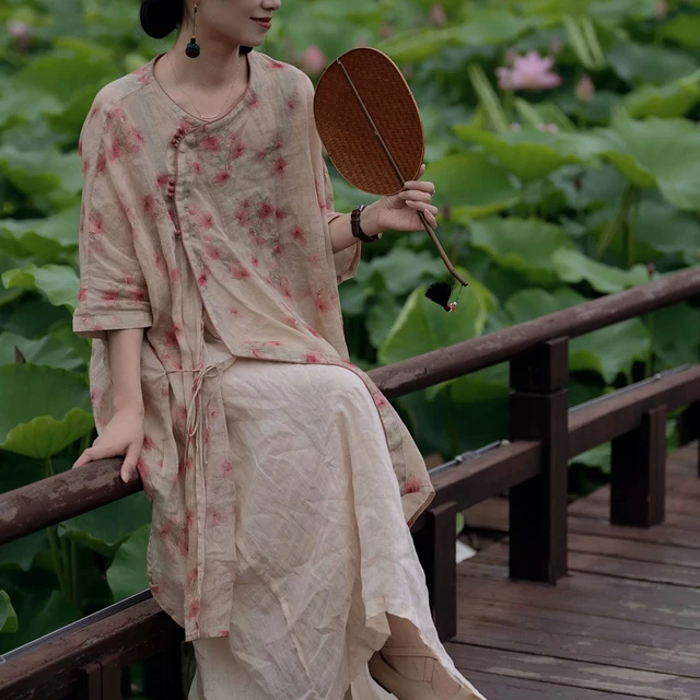 2025夏季苎麻印花中国风连衣裙衬衫女宽松气质中长款复古通勤斜襟