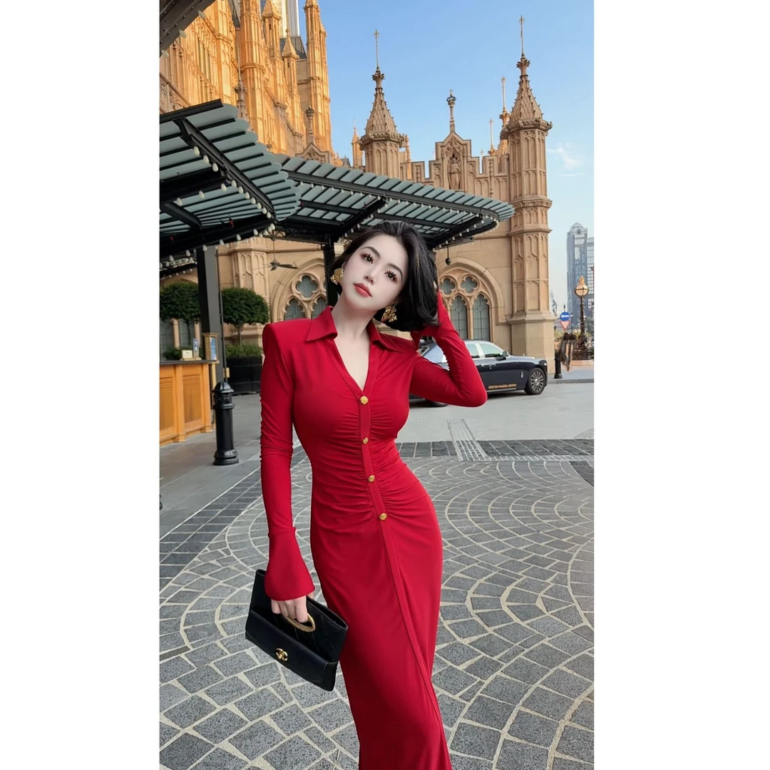 LYXJ【肯辛顿玫瑰】排扣高弹连衣裙2025秋季新款收腰显瘦时尚约会裙