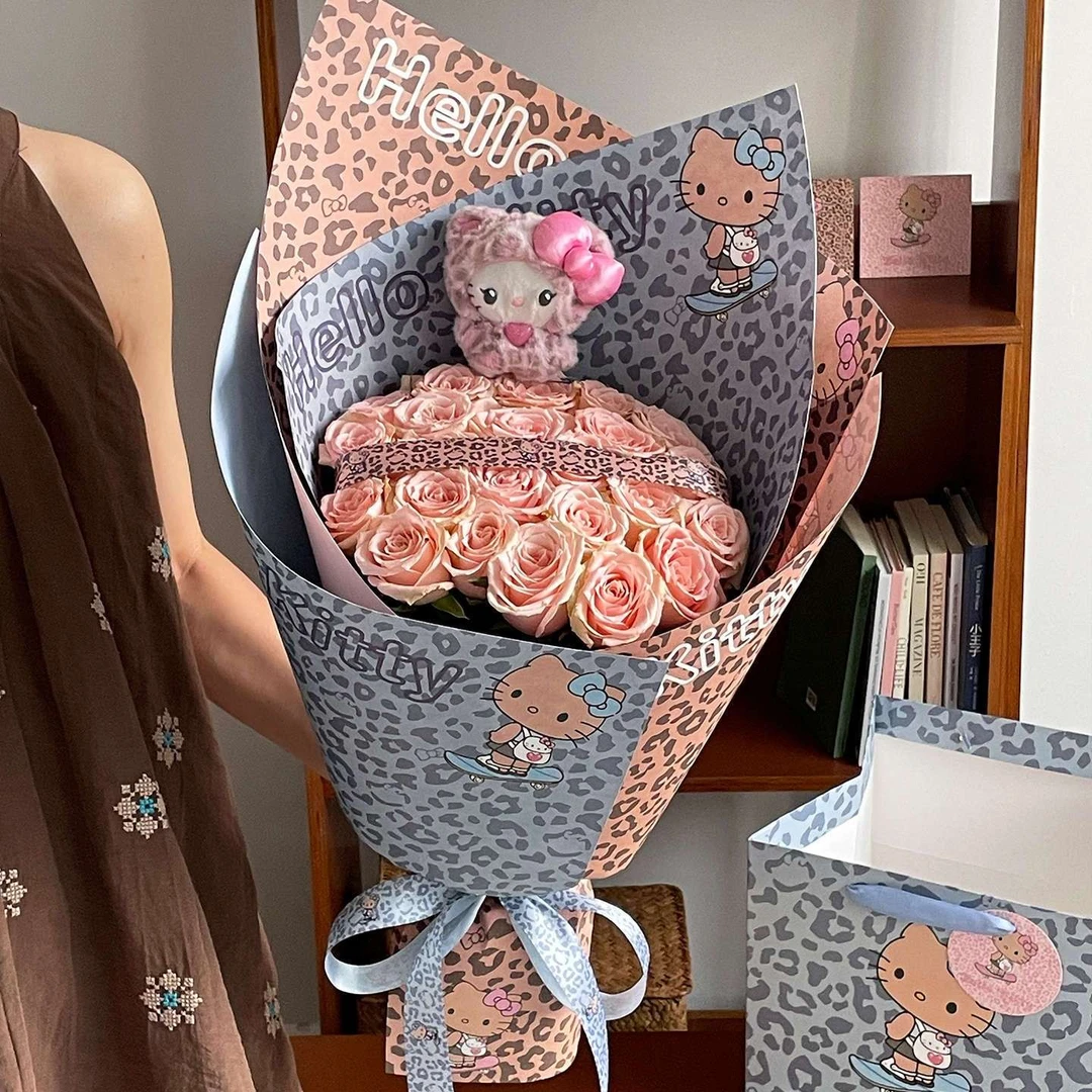 【直播】教师节Hello Kitty系列豹纹猫鲜花花束包装纸diy艺术卡纸