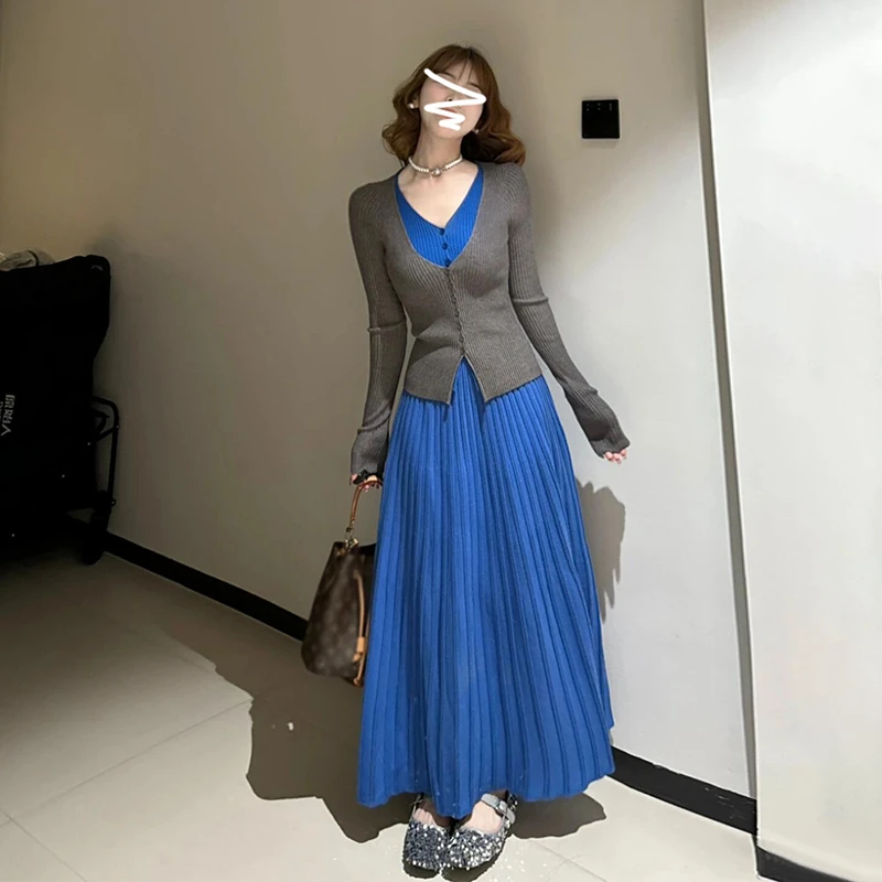 早秋气质穿搭一整套假两件宝蓝色连衣裙子女2025秋季套装长裙1552