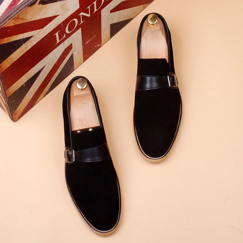 ICCLEK磨砂男士韩版尖头皮鞋英伦休闲套脚男鞋内增高复古婚鞋子