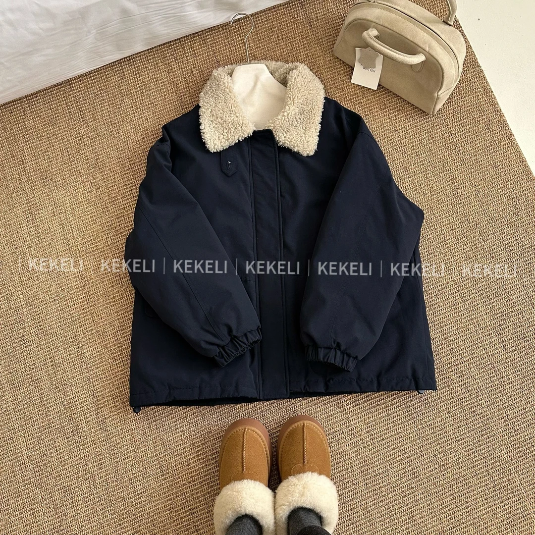 KEKELI 新国标羽绒服羊羔毛翻领派克服女2025冬休闲宽松工装外套