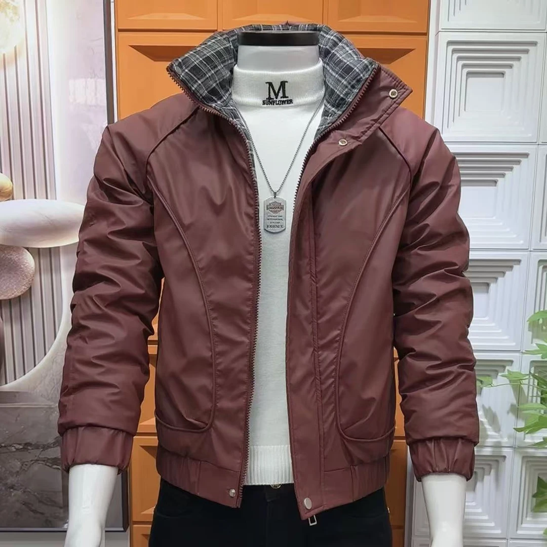 高级感修身立领格子拼接撞色棉衣外套男士冬季加厚保暖短款棉服男