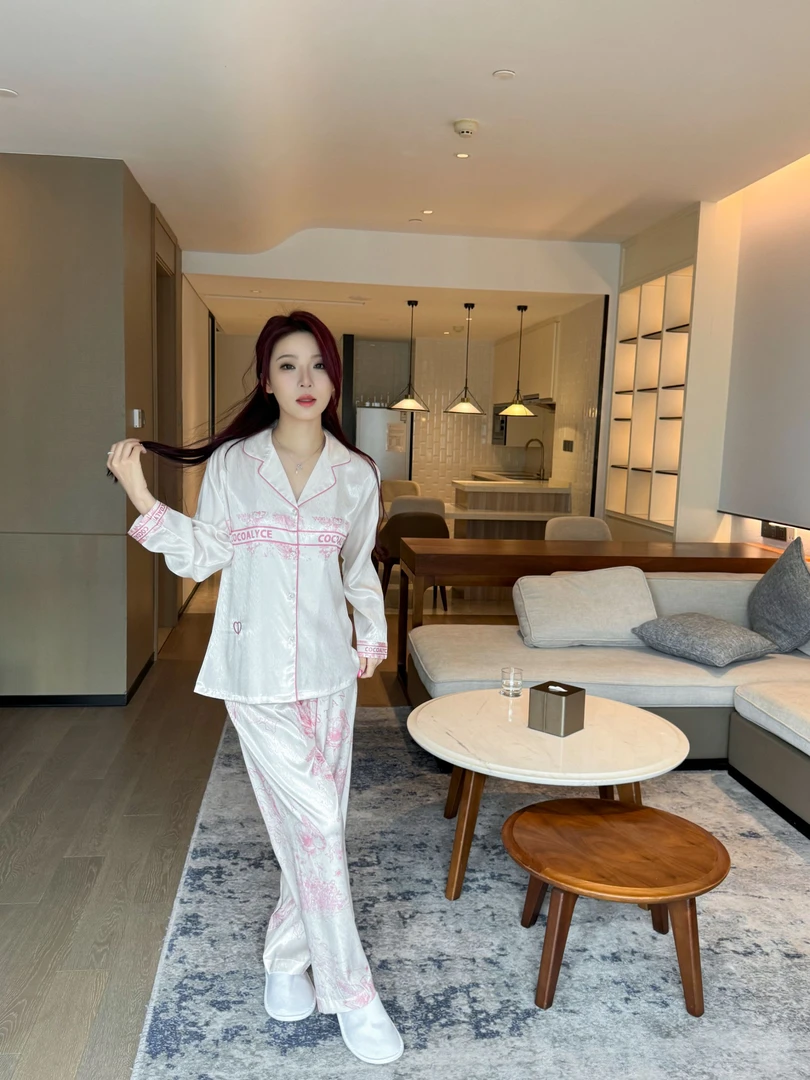 【11】透气冰丝睡衣女长袖套装轻奢两件套女士夏季薄款家居服-20025