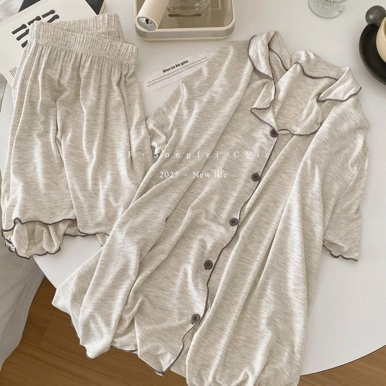 睡衣女款爆款2025新款夏季木耳边撞色开衫亲肤短袖短裤家居服套装