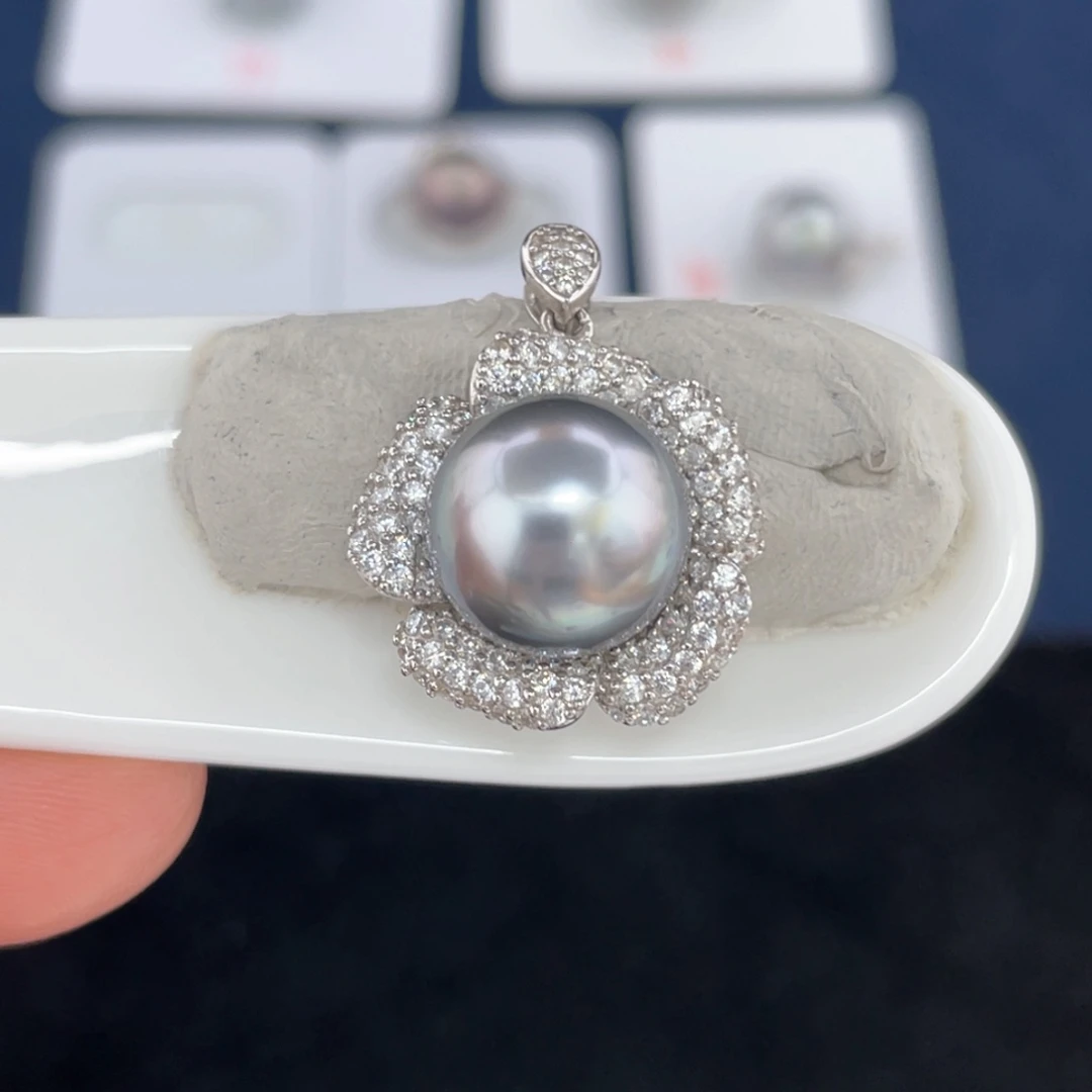 银S925镶嵌11-12铂金灰吊坠定制不退不换海水珍珠