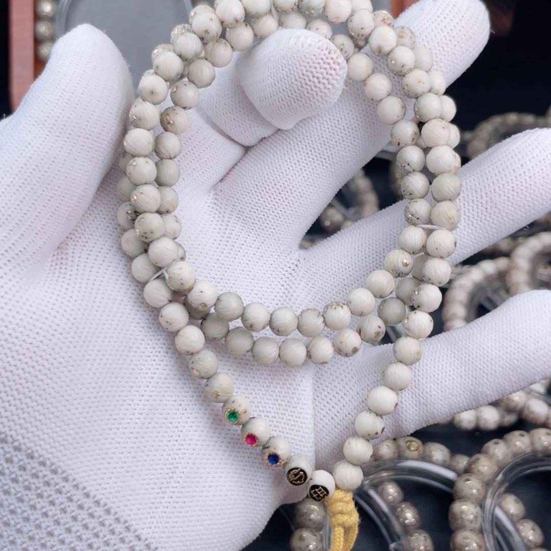 手串星月菩提石玉料骨瓷白半壁留白6圆珠拉丝108小细星