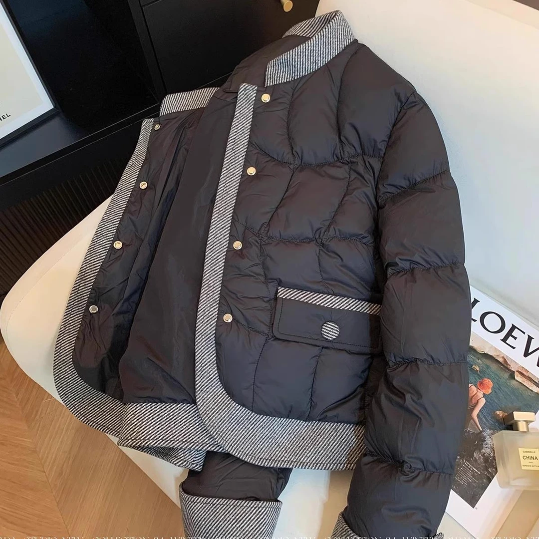 时尚小香风撞色短款棉服女装2025冬季胖mm高级设计感好看棉衣外套