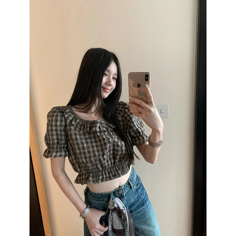 YOKLASS少女家 咖色法式气质百搭个性格纹泡泡袖衬衫 C35718S52
