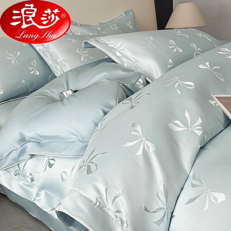 浪莎轻奢高级感冰丝四件套夏季丝滑裸睡床单被套夏天床上三件套4