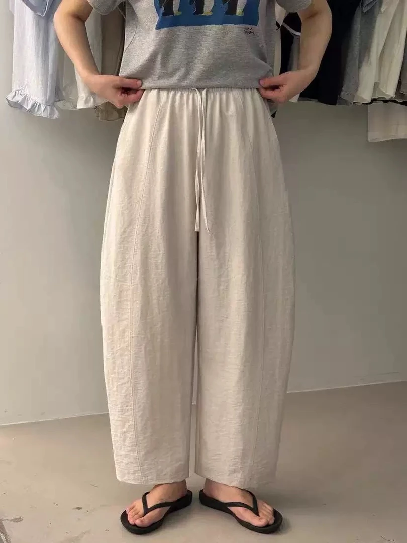 现货！韩国东大门代购pepper2025夏薄款松紧腰抽绳弯刀显瘦休闲裤