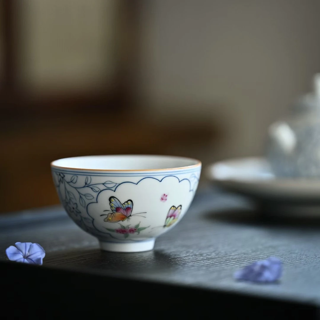 茶禾 【华箐堂】景德镇-斗彩纯手绘开窗蝴蝶杯100ml
