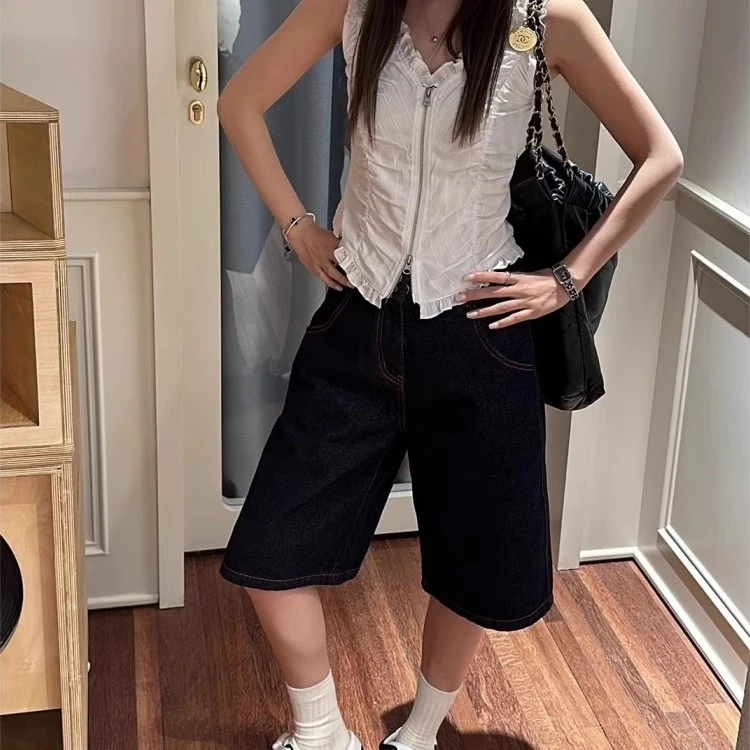 白色设计感小众木耳边无袖背心女外穿夏季修身坎肩拉链褶皱短上衣