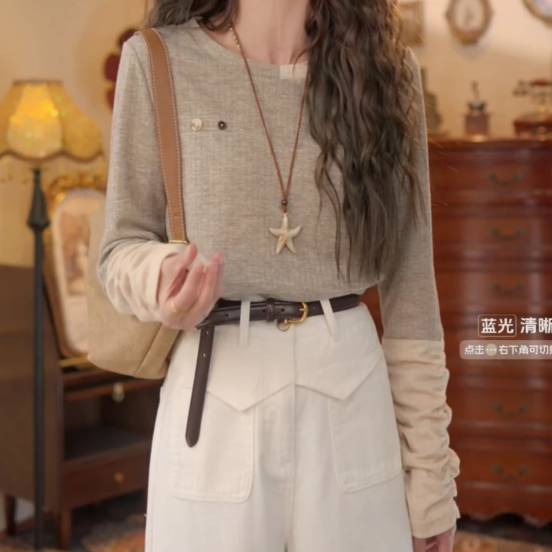 【燕麦酸奶】港风复古拼接针织宽松女百搭上衣T恤LK2506582