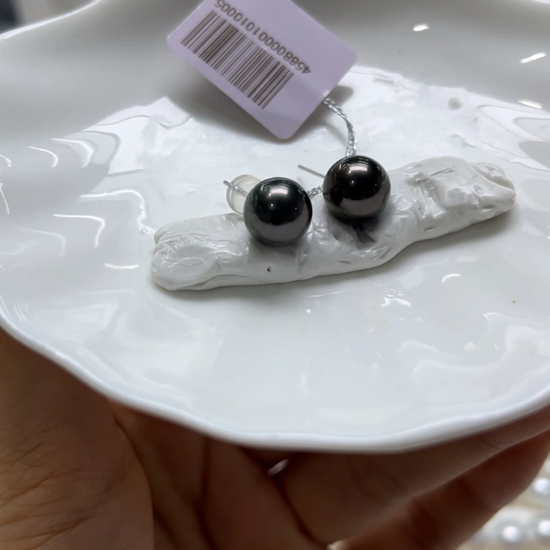 18K金镶嵌海水珍珠耳饰9-10mm钢琴黑