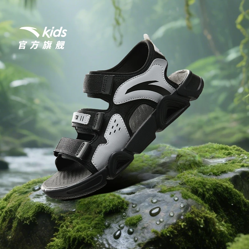 安踏儿童男大童沙滩鞋2025夏新款透气防滑耐磨魔术贴休闲露趾凉鞋