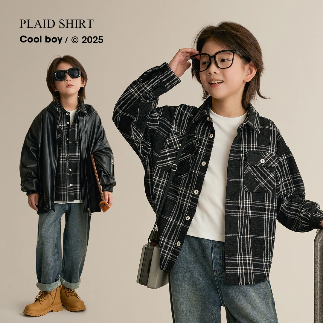 辰辰妈【黑白格】男童秋装百搭黑色格子衬衫亲子装儿童外套8609D