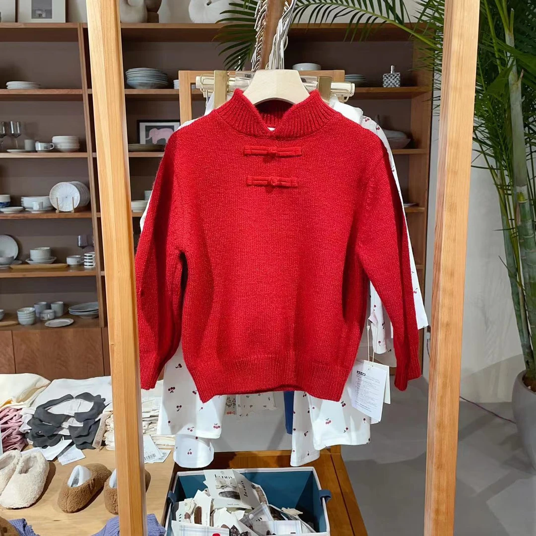 【原韩D】儿童红色加厚旗袍扣洋气毛衣2336
