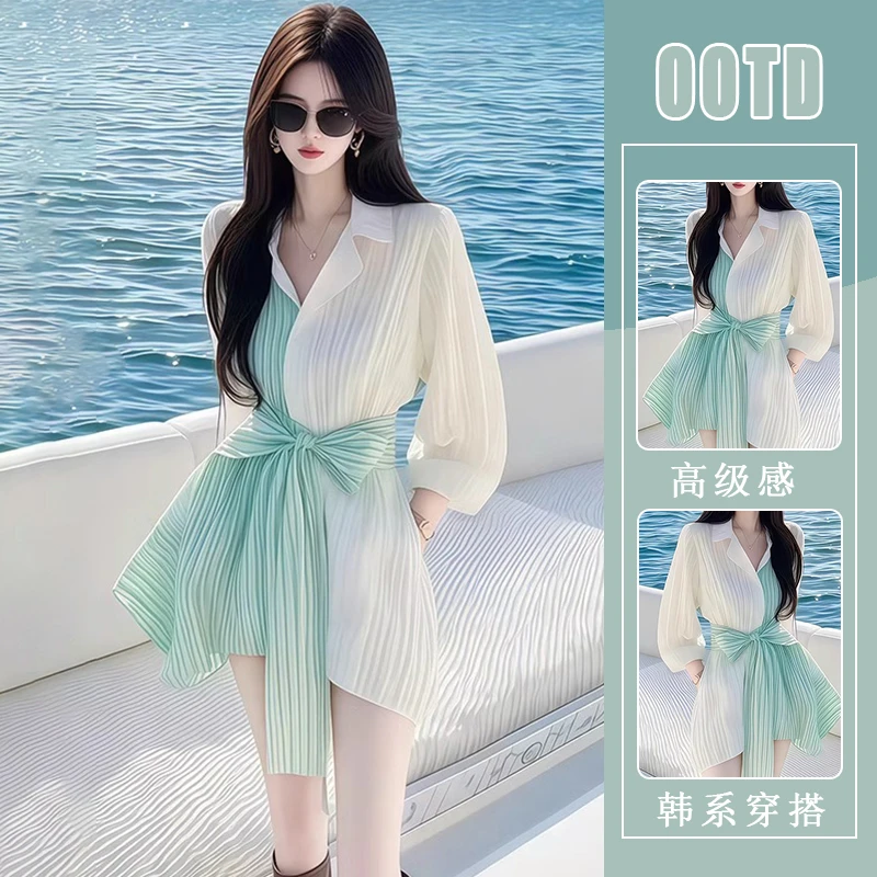 高冷御姐风连衣裙女条纹拼接衬衫裙春夏新款不规则收腰系带短裙子