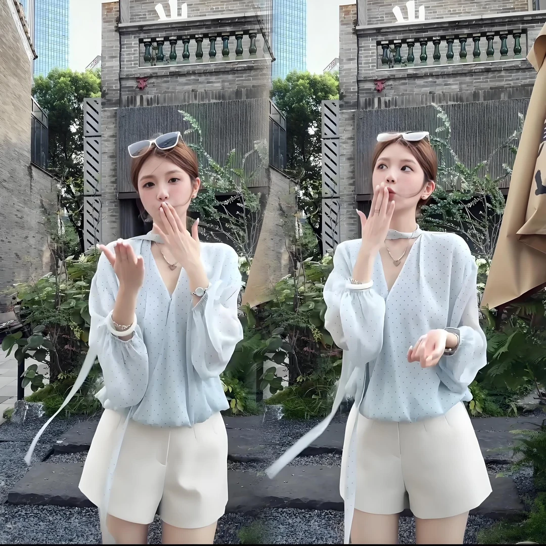 法式气质设计感波点长袖衬衣女2025夏季小众别致上衣百搭阔腿短裤